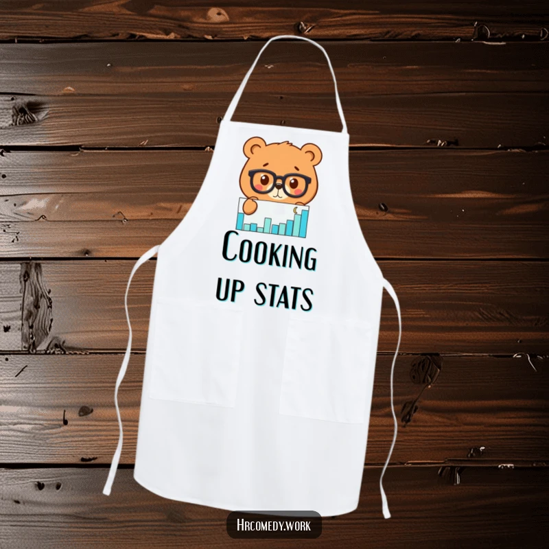 Funny apron featuring a bear wearing glasses, intensely examining a scatter graph, perfect for the data-loving chef.