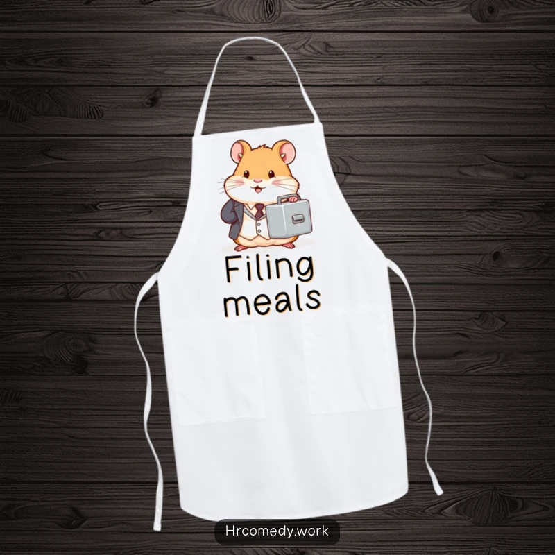 Chubby hamster in a tiny suit holds a miniature filing cabinet, durable kitchen apron, office humor design, professional rodent, gift.