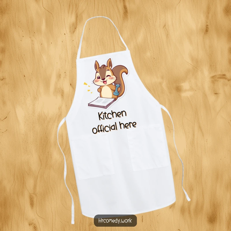 Funny apron with a squirrel energetically stamping documents, perfect for cooks who appreciate humor and a productive kitchen.
