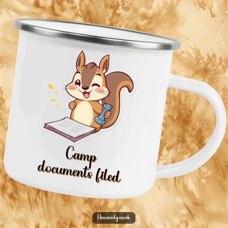 Funny camping mug showing an energetic squirrel stamping documents, ideal for adventurers who enjoy humor and practicality.