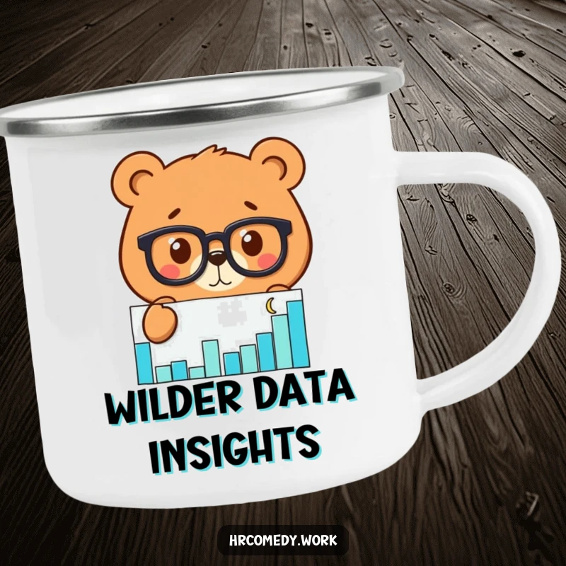 Funny camping mug with a bear wearing glasses, intensely examining a scatter graph, ideal for outdoor data analysis humor.
