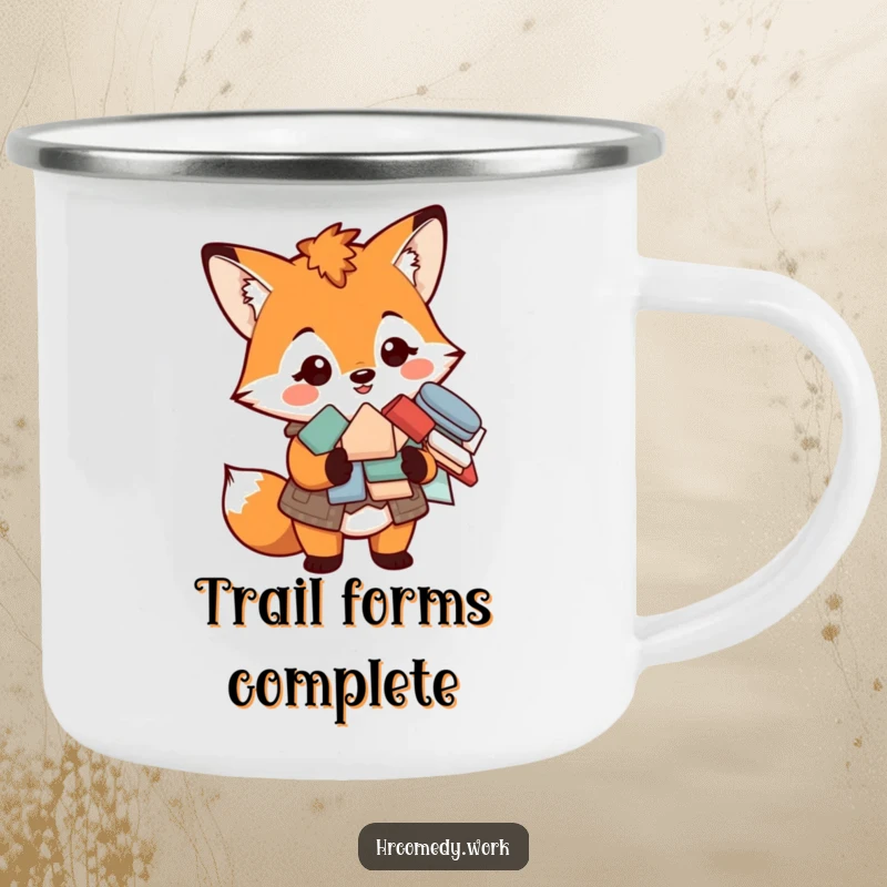 Funny camping mug with a smiling fox in a vest holding a pile of forms, ideal for organized outdoor adventures.