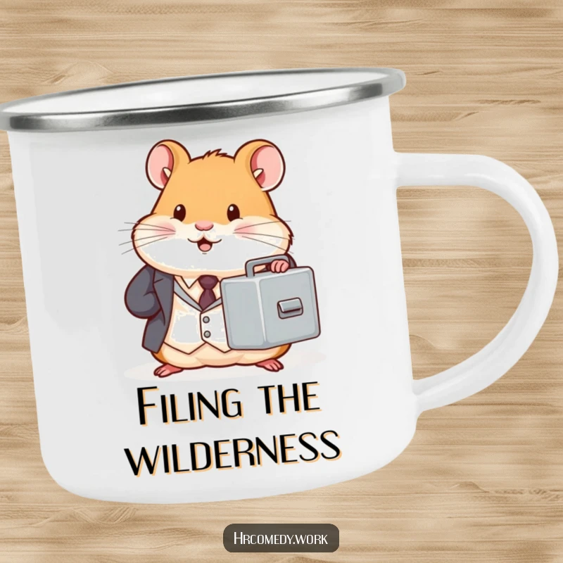 Chubby hamster in a tiny suit holds a miniature filing cabinet, durable camping mug, office humor outdoor gear, professional rodent, gift.