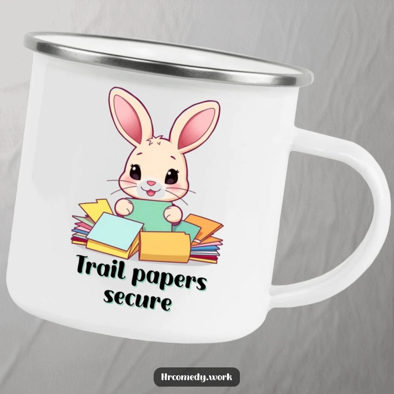 Funny camping mug showing a rabbit sorting papers, ideal for outdoor enthusiasts who enjoy a humorous and practical drinkware.