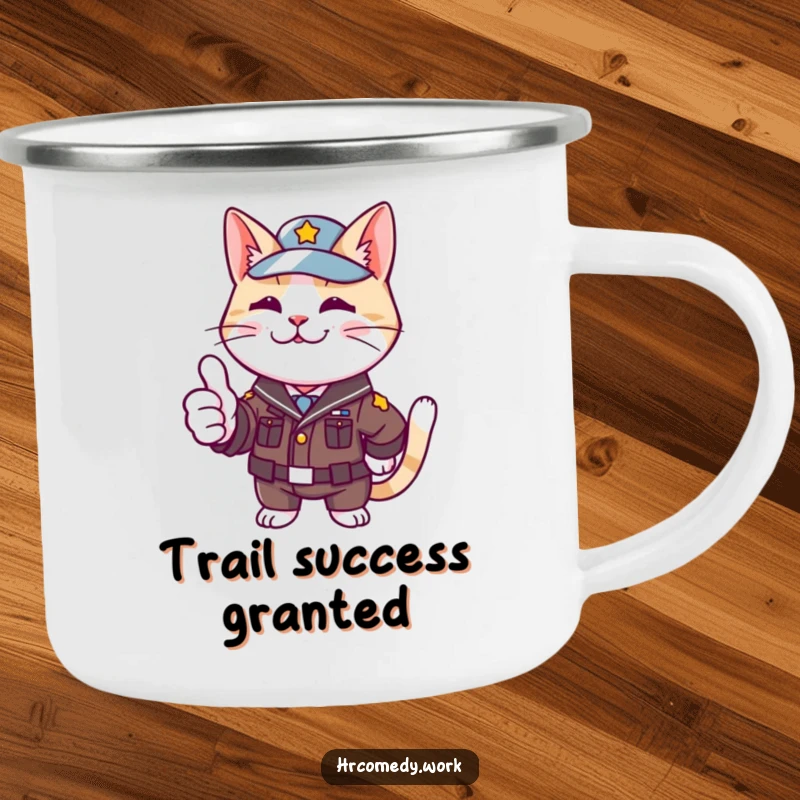 Funny camping mug with a cat in a small uniform, enthusiastically giving a thumbs up, ideal for outdoor cheer and approval.