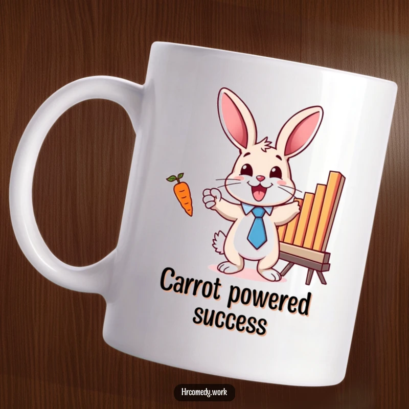 Funny mug showing a bunny in a tie, excitedly pointing at a bar chart that features a carrot as a data point.