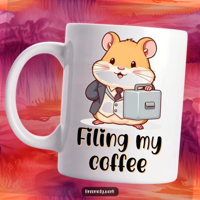 Chubby hamster in a tiny suit holds a miniature filing cabinet, funny mug design, office humor, professional rodent, relatable.