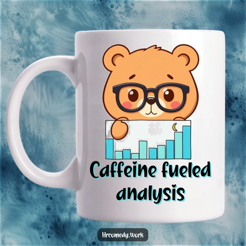 Funny mug with a bear wearing glasses, intensely peering at a detailed scatter graph, showcasing analytical focus and humor.