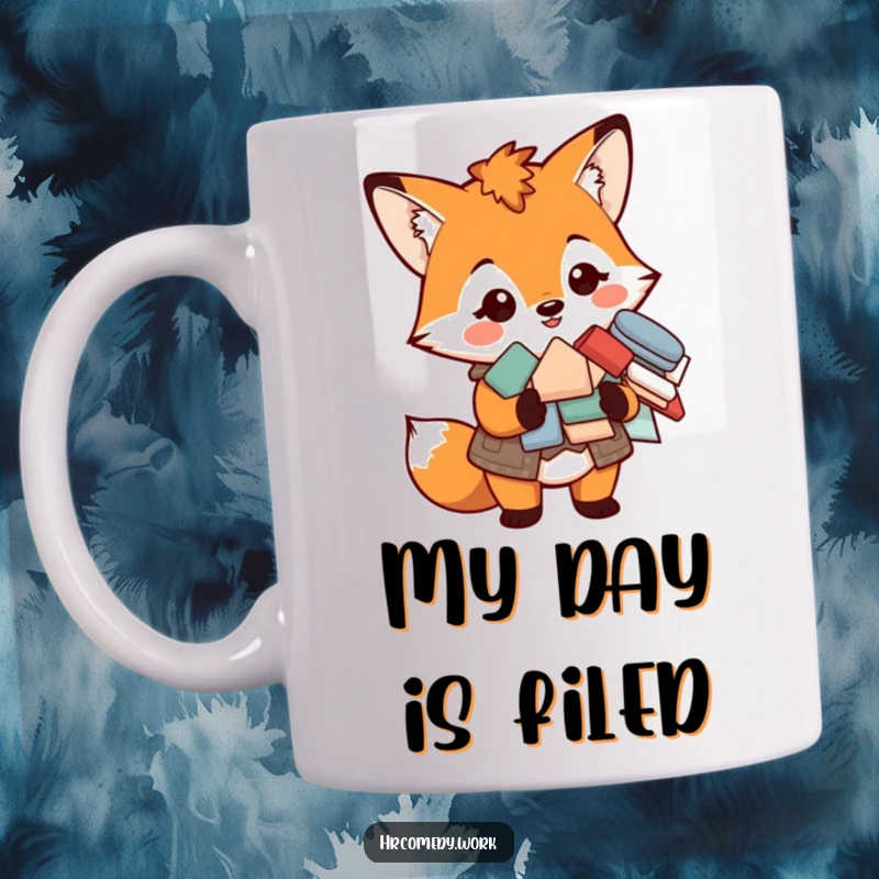 Funny mug showing a smiling fox wearing a vest, calmly holding a neat pile of important paperwork and forms.