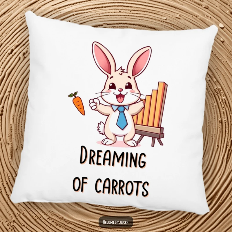 Funny pillow with a soft cushion, showing a bunny in a tie excitedly pointing at a bar chart with a carrot.