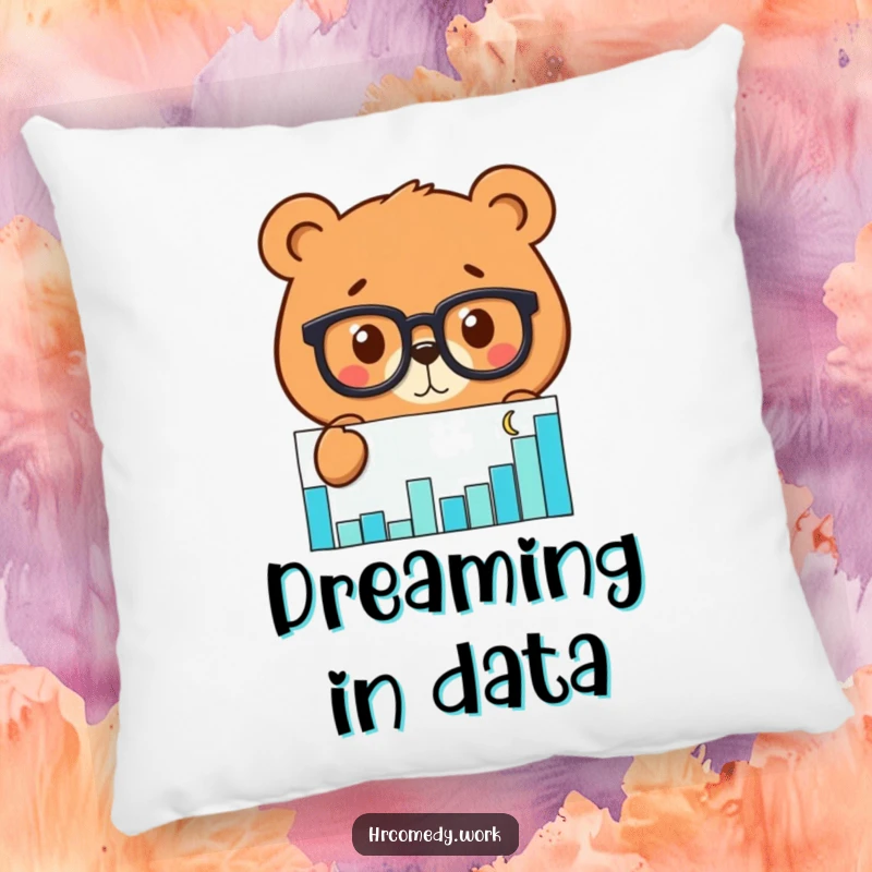 Funny pillow with a soft cushion, showing a bear wearing glasses intensely analyzing a scatter graph, perfect for cozy decor.