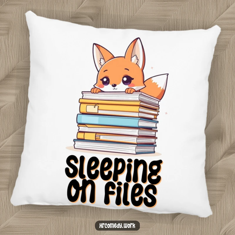 Funny pillow with a playful fox peeking over a stack of files, offering soft comfort and a humorous decorative accent.
