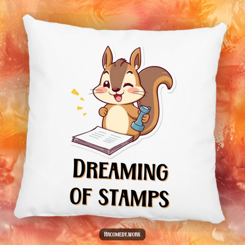 Funny pillow featuring a squirrel energetically stamping official documents, offering comfort and a humorous design for any room.
