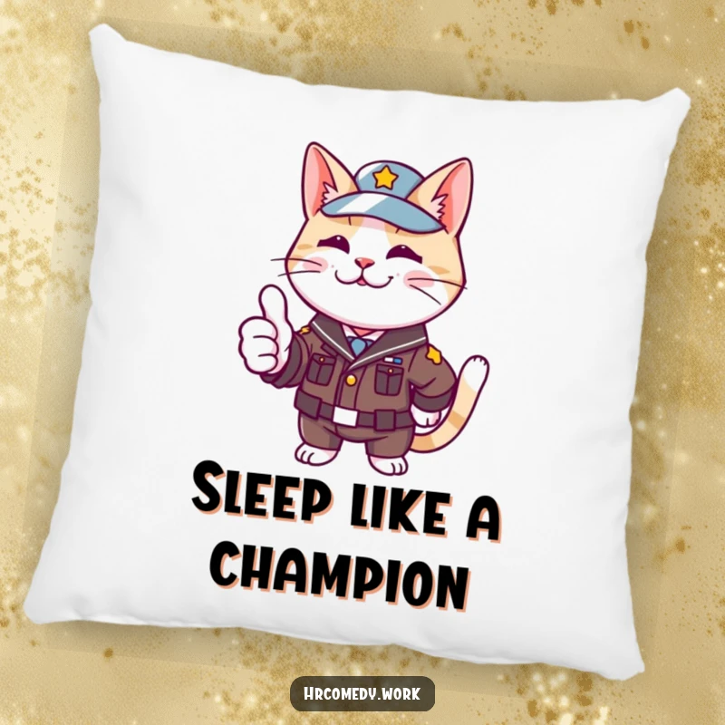 Funny pillow with a soft cushion, showing a cat in a small uniform enthusiastically giving a thumbs up, perfect for cozy decor.