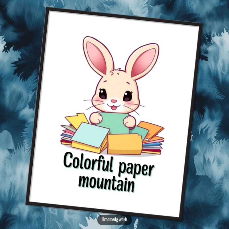 Funny digital art print of a rabbit sorting colorful paper documents, a whimsical and humorous illustration for instant wall decor.