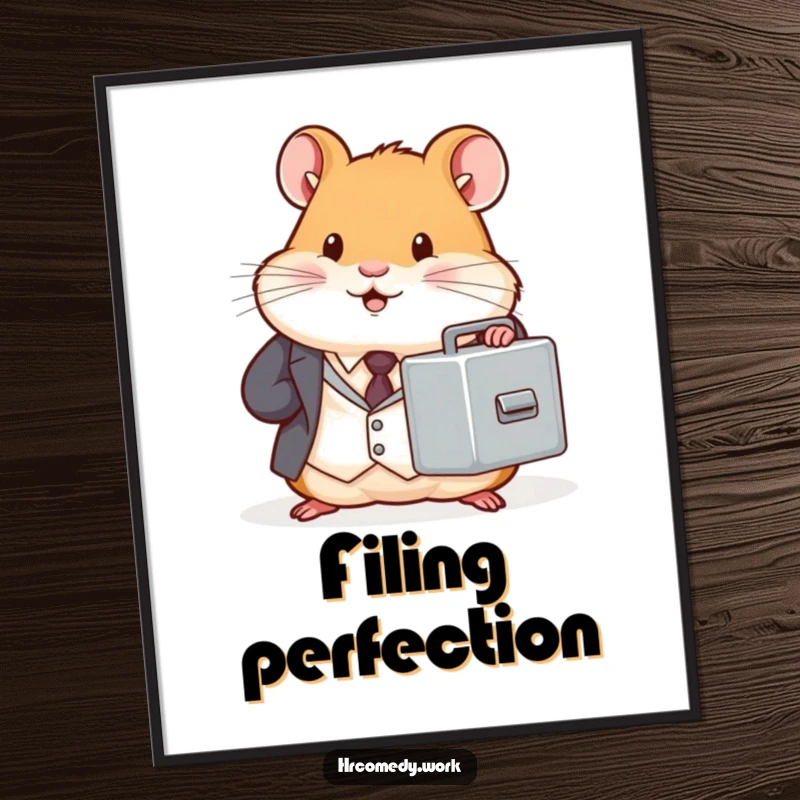 Chubby hamster in a tiny suit holds a miniature filing cabinet, high-resolution digital art print, office humor illustration, professional rodent, gift.