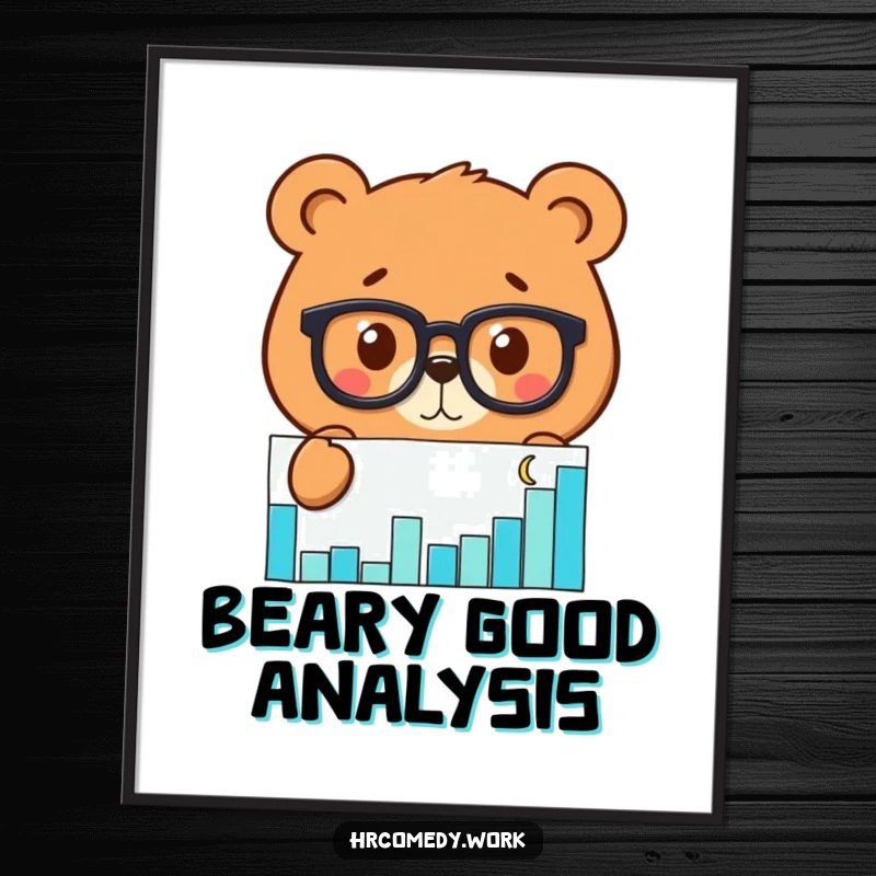 Funny digital art print of a bear wearing glasses, intensely peering at a scatter graph, perfect for analytical wall decor.