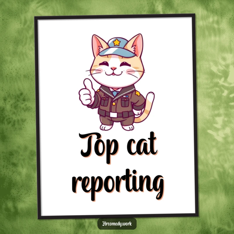 Funny digital art print of a cat in a small uniform, enthusiastically giving a thumbs up, perfect for cheerful wall decor.