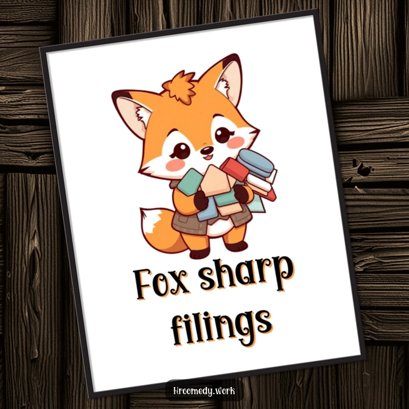 Funny digital art print of a smiling fox in a vest holding a pile of forms, perfect for stylish and organized wall decor.