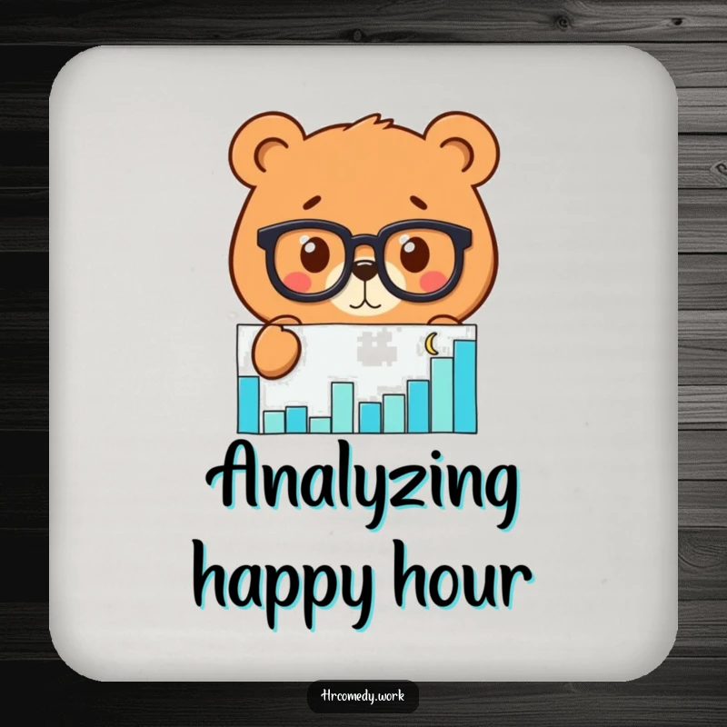 Funny coaster featuring a bear wearing glasses, intensely analyzing a scatter graph, perfect for protecting drinks with humor.