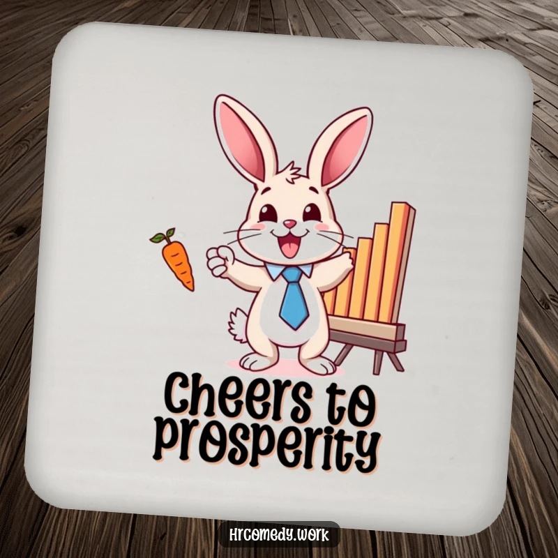 Funny coaster featuring a bunny in a tie, excitedly pointing at a bar chart with a carrot, perfect for drink protection.