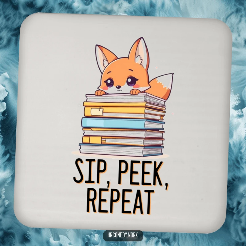 Funny drink coaster with a sly fox peeking over files, adding a humorous and protective element to tabletops.