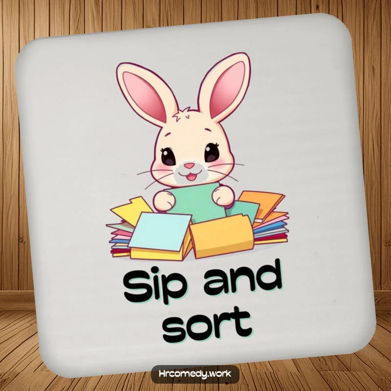 Funny drink coaster with a rabbit meticulously sorting colorful papers, adding a humorous and protective element to tabletops.