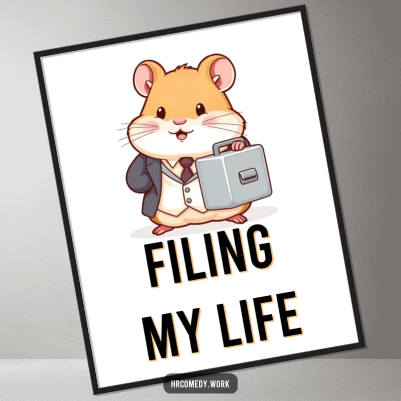 Chubby hamster in a tiny suit holds a miniature filing cabinet, funny art print, office humor decor, professional rodent, gift.