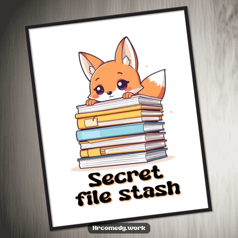 Funny poster of a sly fox peeking over a large pile of documents, an amusing and decorative piece for any room.