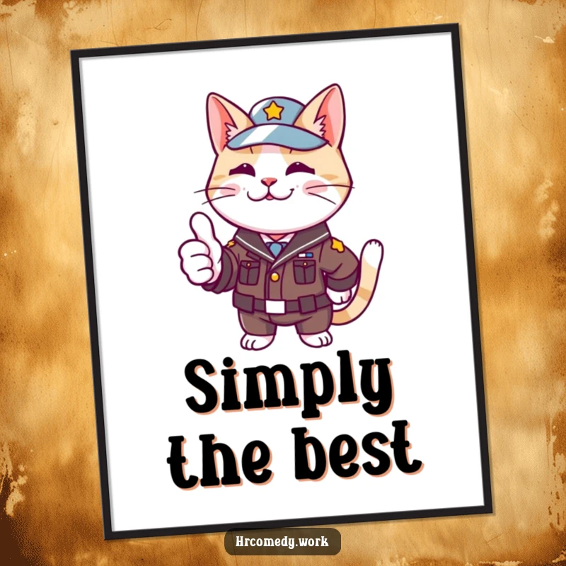 Funny poster art of a cat in a small uniform, enthusiastically giving a thumbs up, symbolizing approval and happiness.