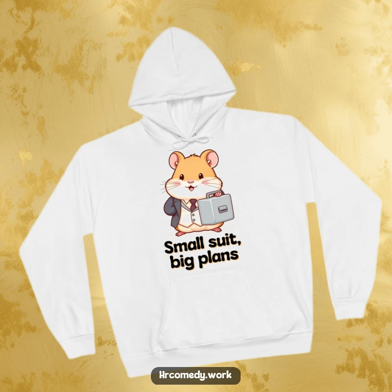 Chubby hamster in a tiny suit holds a miniature filing cabinet, soft and warm hoodie, office humor design, professional animal, gift.
