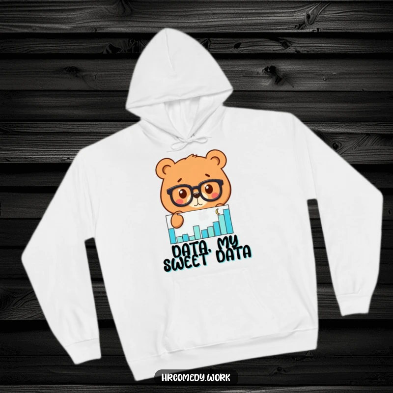 Funny hoodie featuring a bear wearing glasses, intensely examining a scatter graph, providing warmth and analytical humor.