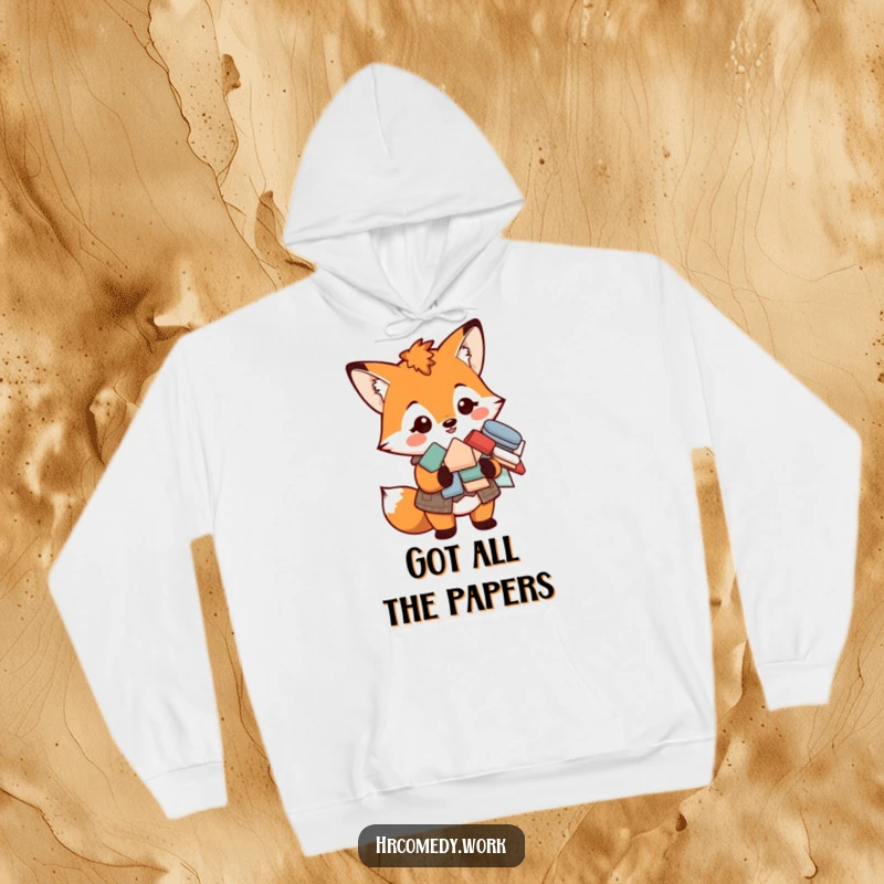 Funny hoodie with a smiling fox in a vest holding a pile of forms, perfect for cozy, organized comfort.
