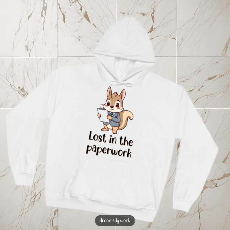 Funny hoodie with a squirrel in a suit, holding a clipboard and looking very confused, perfect for cozy, humorous wear.