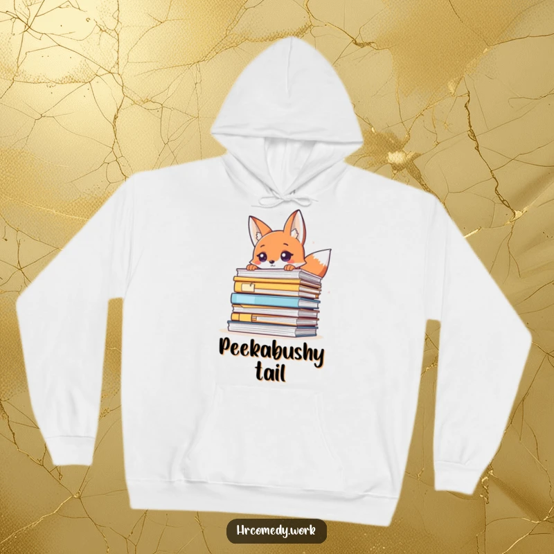 Funny hoodie with a sly fox peeking over a massive pile of files, blending cozy comfort with humorous intrigue.