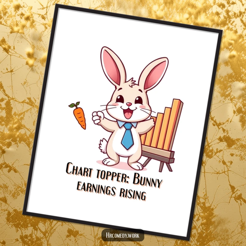 Funny Free Printable Wall Art: A bunny in a tie enthusiastically pointing at a bar chart with a carrot, showcasing success.