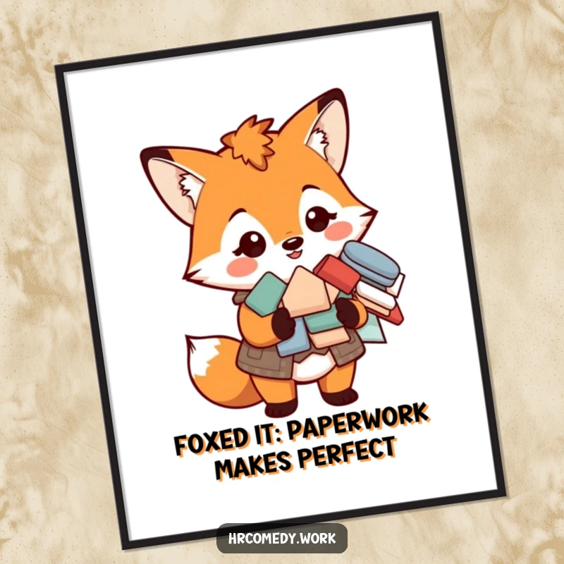 Funny Free Printable Wall Art: A smiling fox in a vest holding a pile of forms, adding a quirky, organized charm.