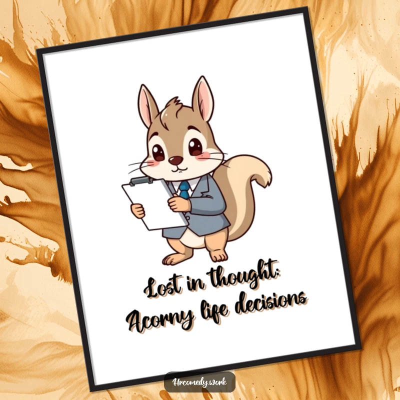 Funny Free Printable Wall Art: A squirrel in a tiny suit with a clipboard looking utterly confused, adding quirky charm.