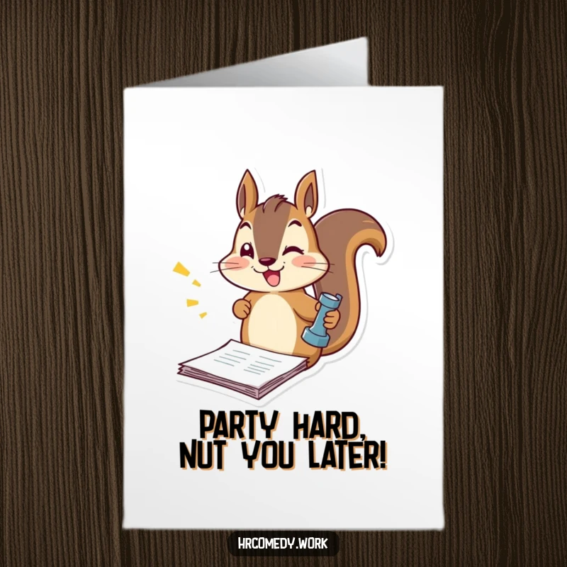 Funny free printable birthday card: An animated squirrel is energetically stamping official documents with a determined expression.