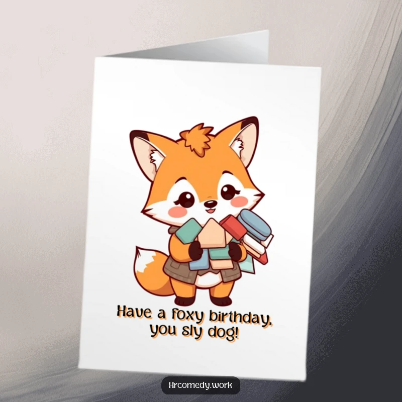 Funny Free Printable Birthday Card: A smiling fox in a vest holds a pile of forms, ready for any task.