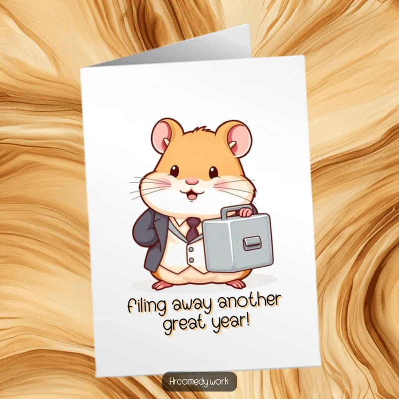 Free Printable Hamster Birthday Card: Chubby hamster in a suit holds a filing cabinet, wishing you a productive birthday.