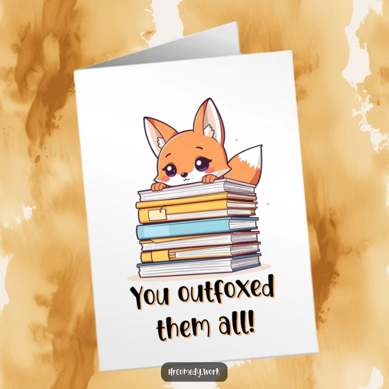 Free printable congratulations card: A clever fox peeks mischievously over a tall stack of documents, celebrating wins.