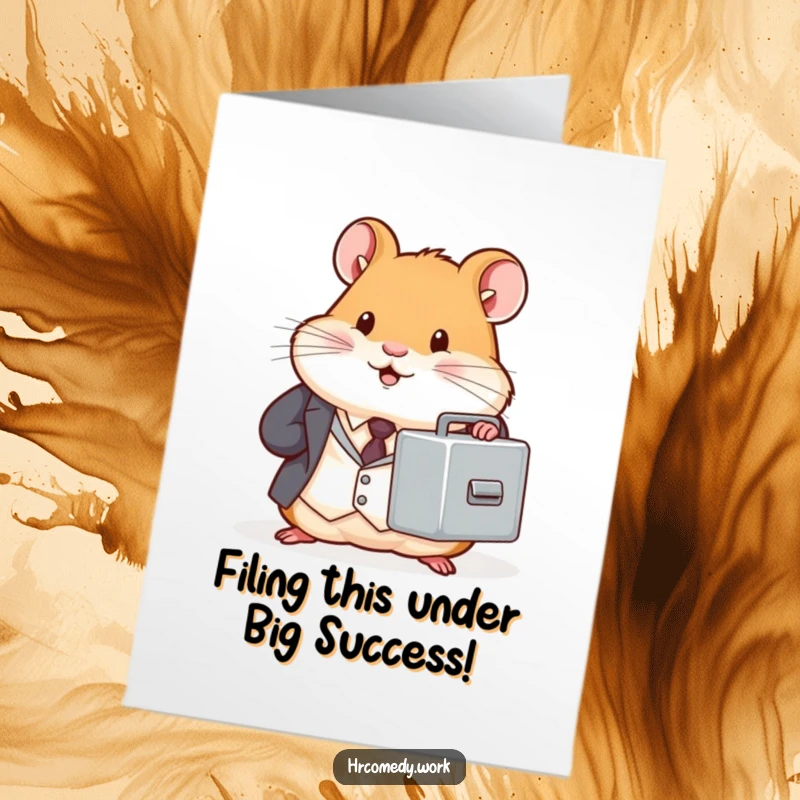 Free Printable Hamster Congratulations Card: Chubby hamster in a suit holds a filing cabinet, celebrating your big achievement.