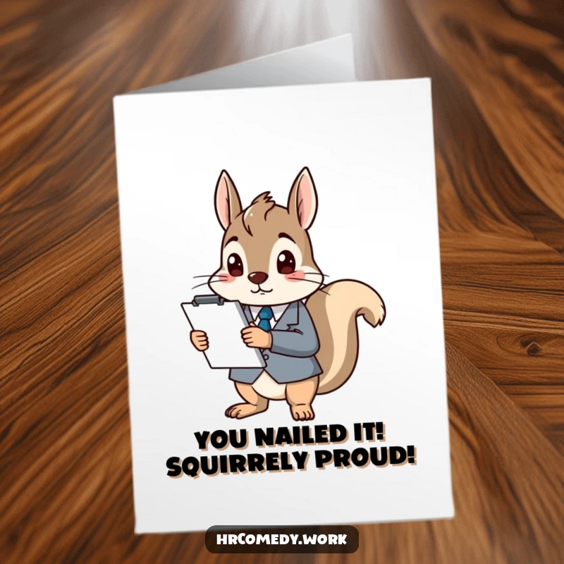 Funny Free Printable Congratulations Card: A confused squirrel in a suit and tie holding a clipboard, perfect for any achievement.