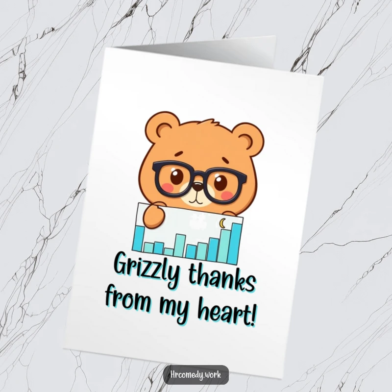 Funny Free Printable Thank You Card: A bear in glasses peers intently at a scatter graph, expressing thanks.
