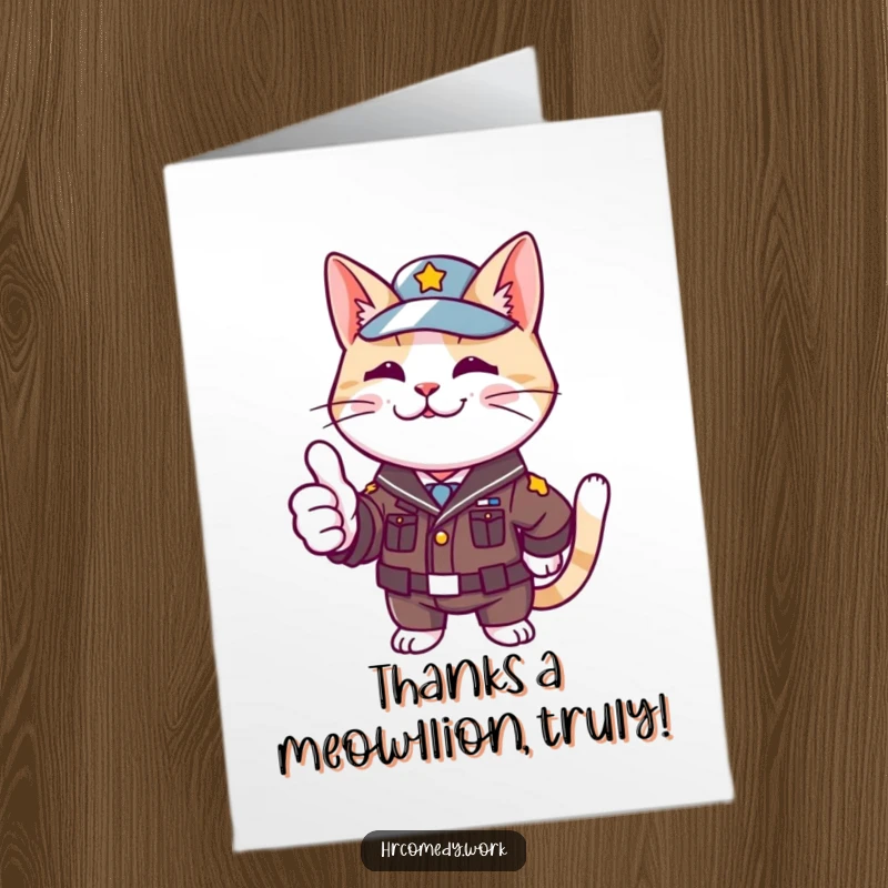 Funny Free Printable Thank You Card: A cat in a small uniform enthusiastically giving a thumbs up, a sign of sincere thanks.