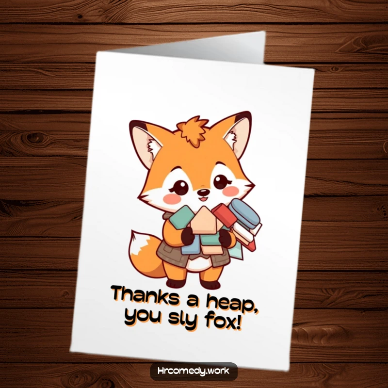 Funny Free Printable Thank You Card: A smiling fox in a vest holds a pile of forms, expressing thanks.