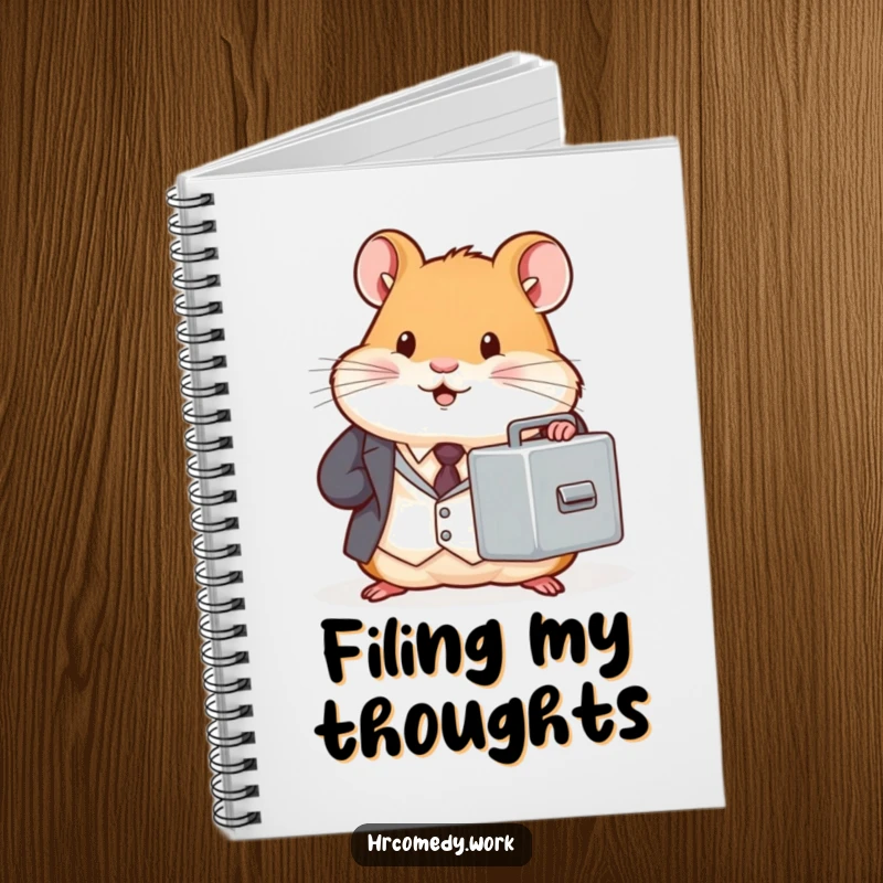 Chubby hamster in a tiny suit holds a miniature filing cabinet, lined notebook for writing, office humor design, professional animal, gift.