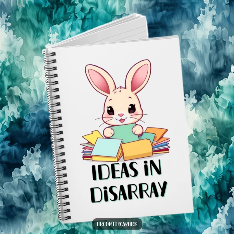 Funny notebook cover showcasing a rabbit sorting colorful papers, perfect for jotting down notes with a humorous and cute design.