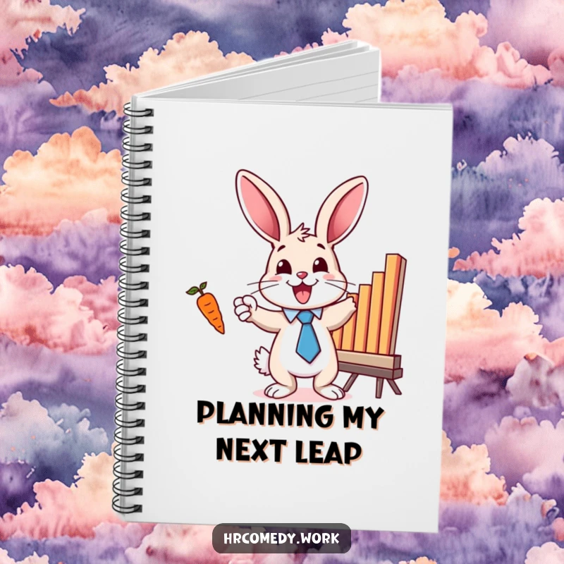 Funny notebook with a bunny in a tie, excitedly pointing at a bar chart with a carrot, perfect for note-taking and planning.